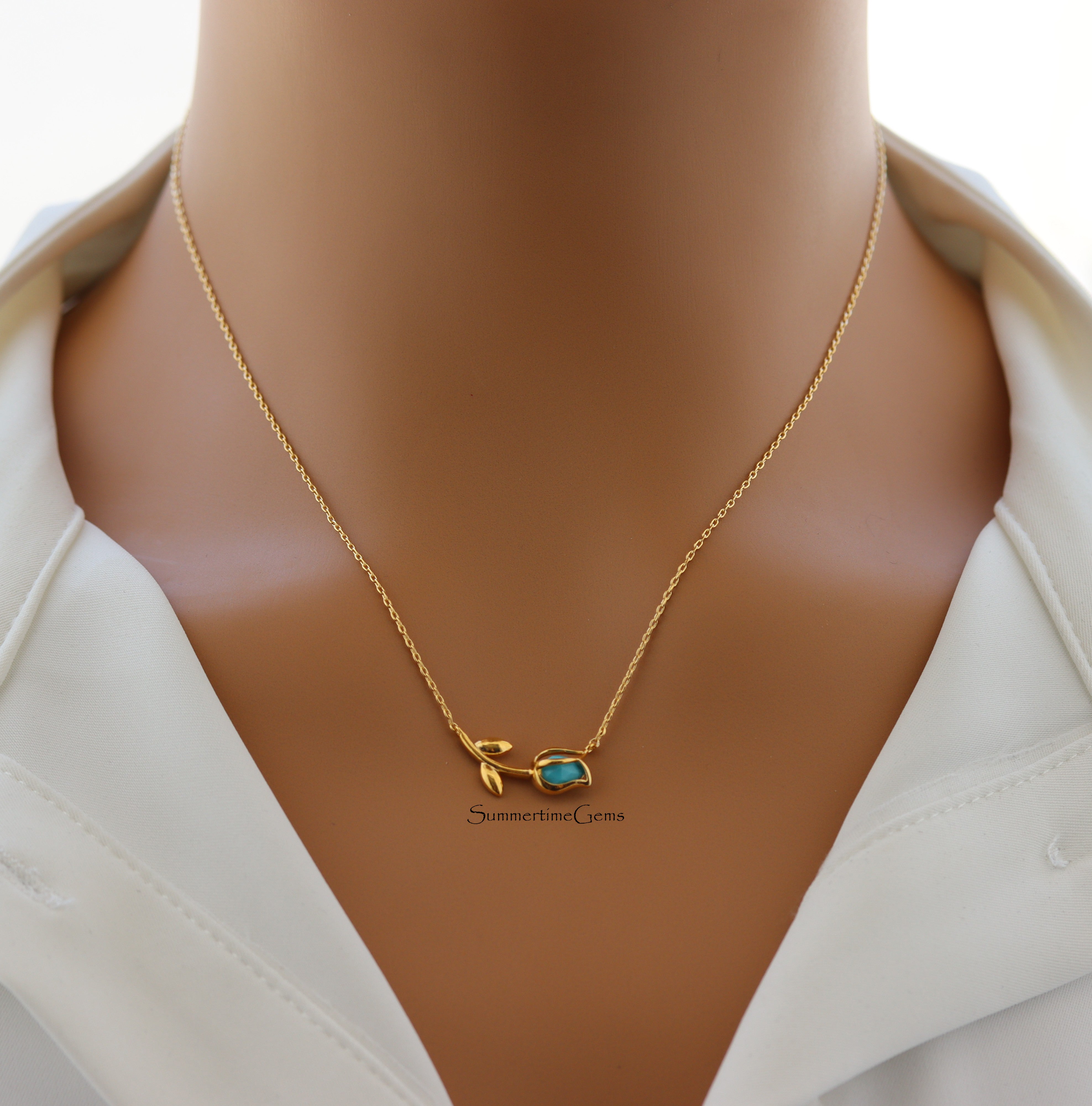 STG 18K Gold Plated December Turquoise Birthstone Tulip Pendant Necklace – Elegant Jewelry Gift for December Birthdays