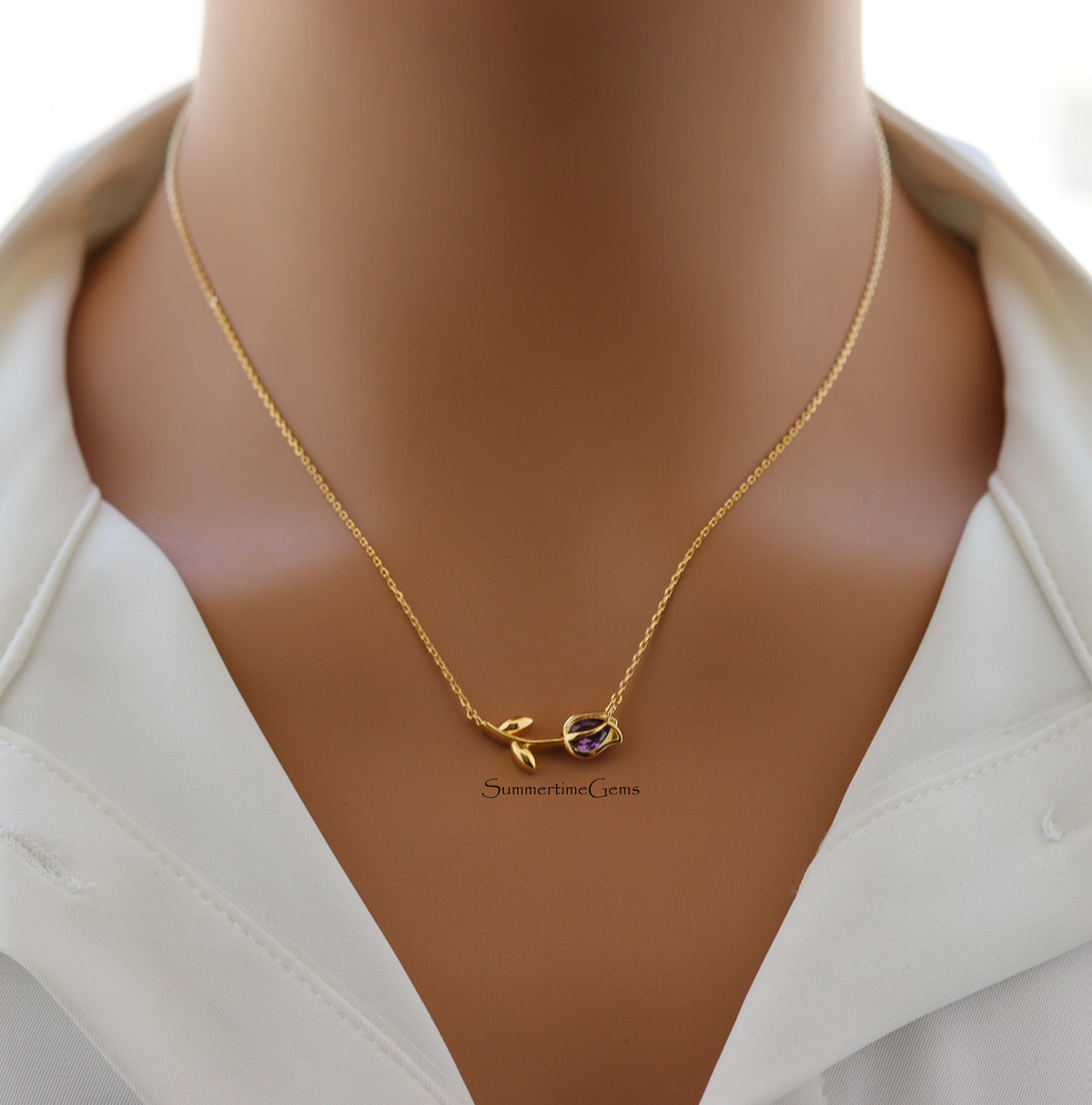 STG 18K Gold Plated February Amethyst Birthstone Tulip Pendant Necklace – Elegant Jewelry Gift for February Birthdays