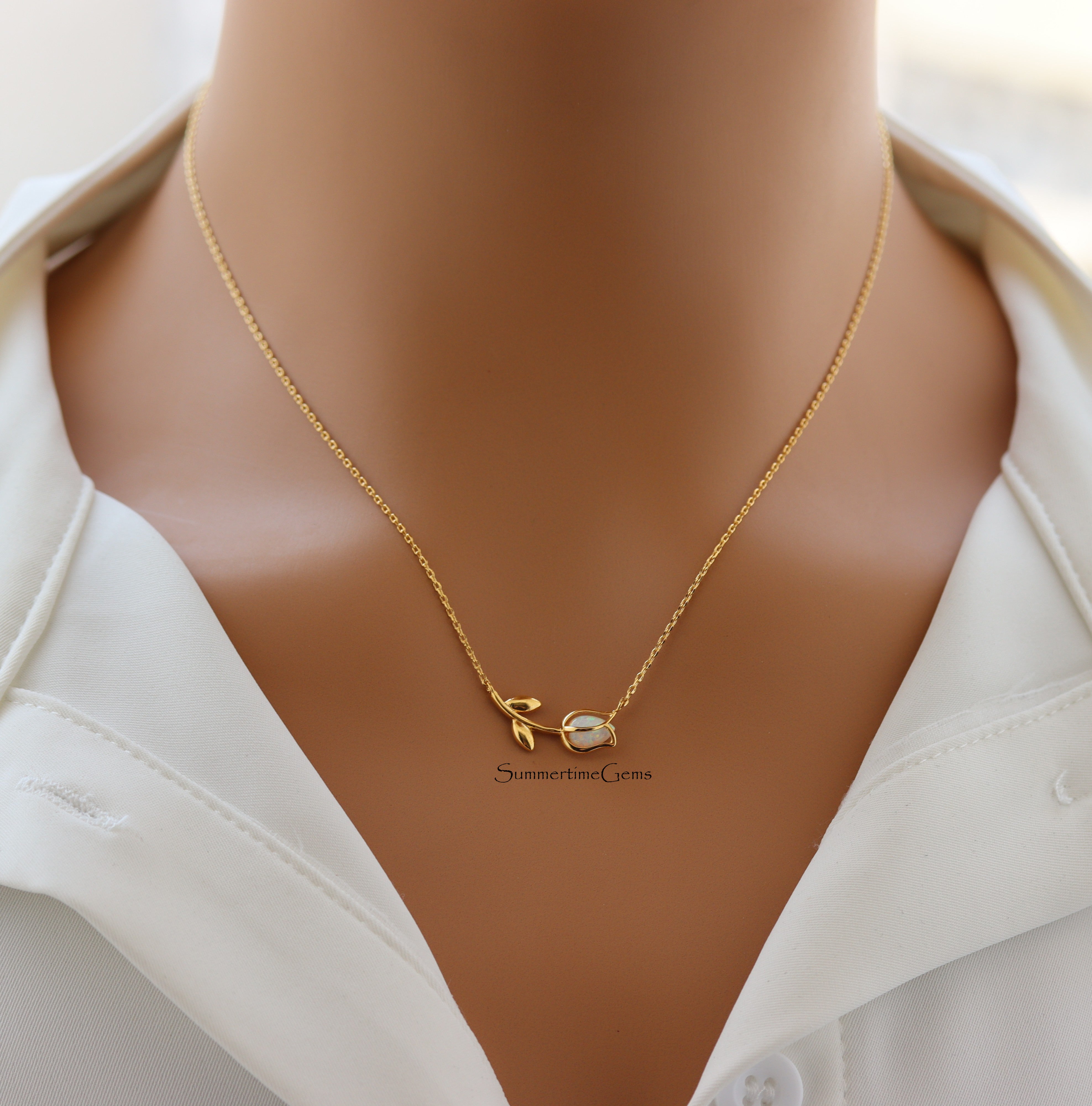 STG 18K Gold Plated Dainty Opal Tulip Pendant Necklace – Elegant Nature-Inspired Jewelry Gift for Her