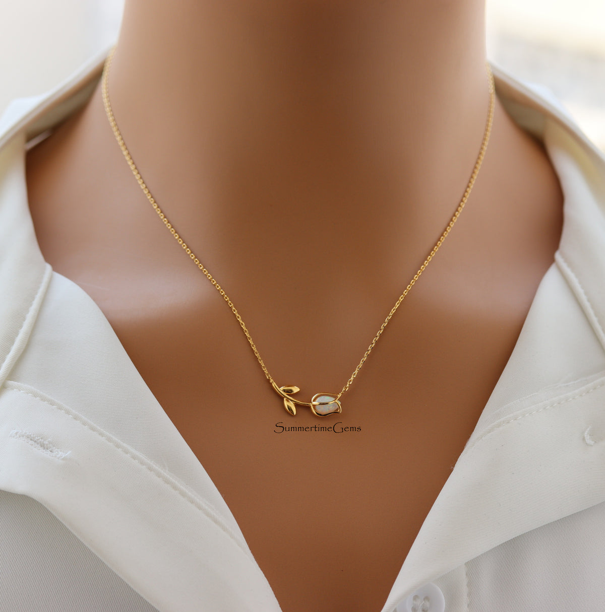 STG 18K Gold Plated Dainty Opal Tulip Pendant Necklace – Elegant Nature-Inspired Jewelry Gift for Her