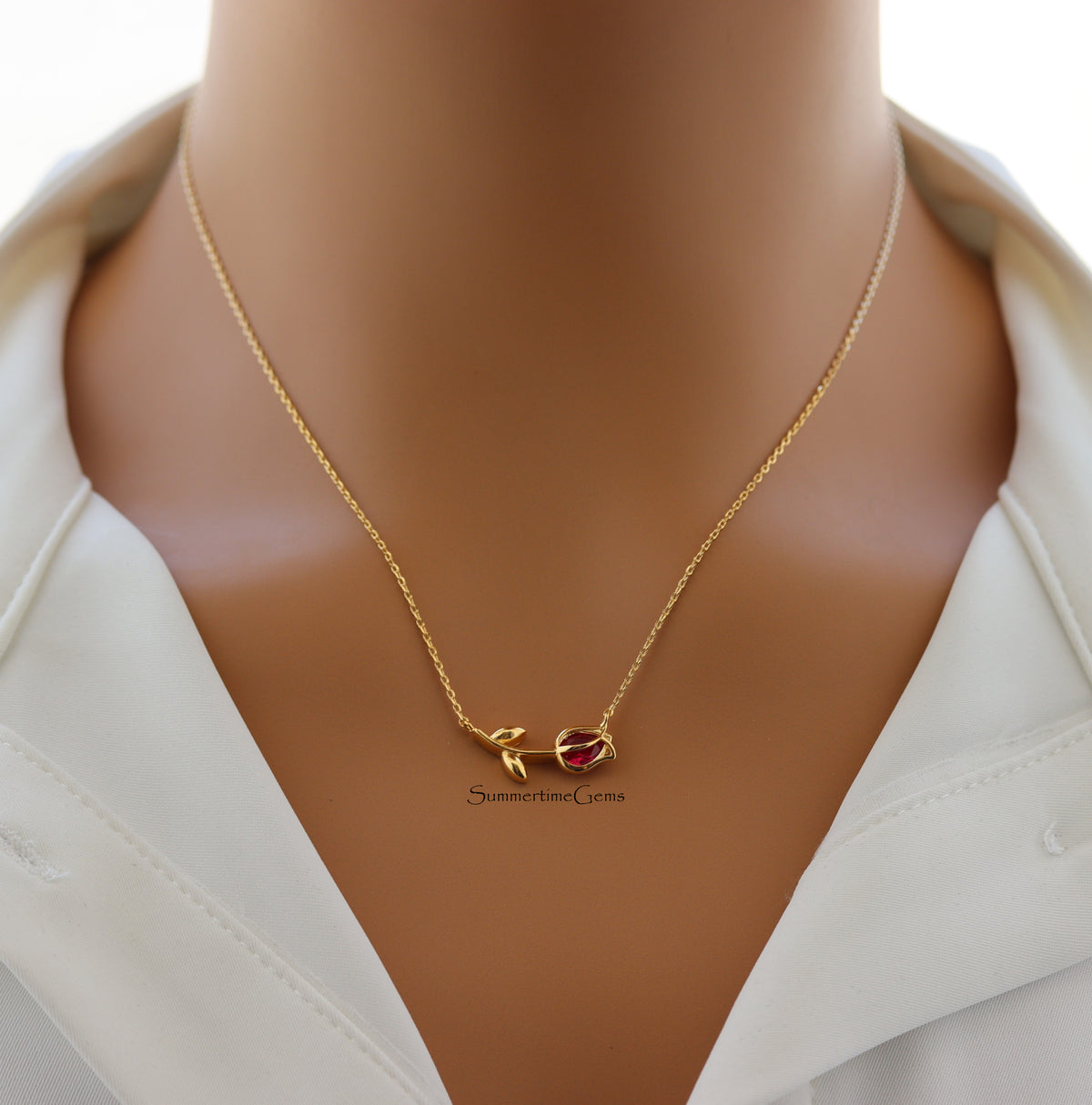 STG 18K Gold Plated July Ruby Birthstone Tulip Pendant Necklace – Elegant Summer Jewelry Gift for July Birthdays