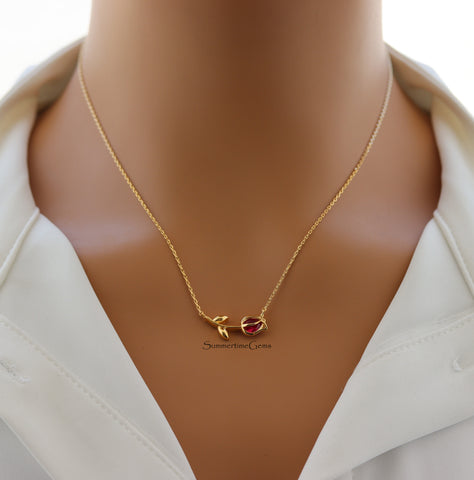 STG 18K Gold Plated July Ruby Birthstone Tulip Pendant Necklace – Elegant Summer Jewelry Gift for July Birthdays