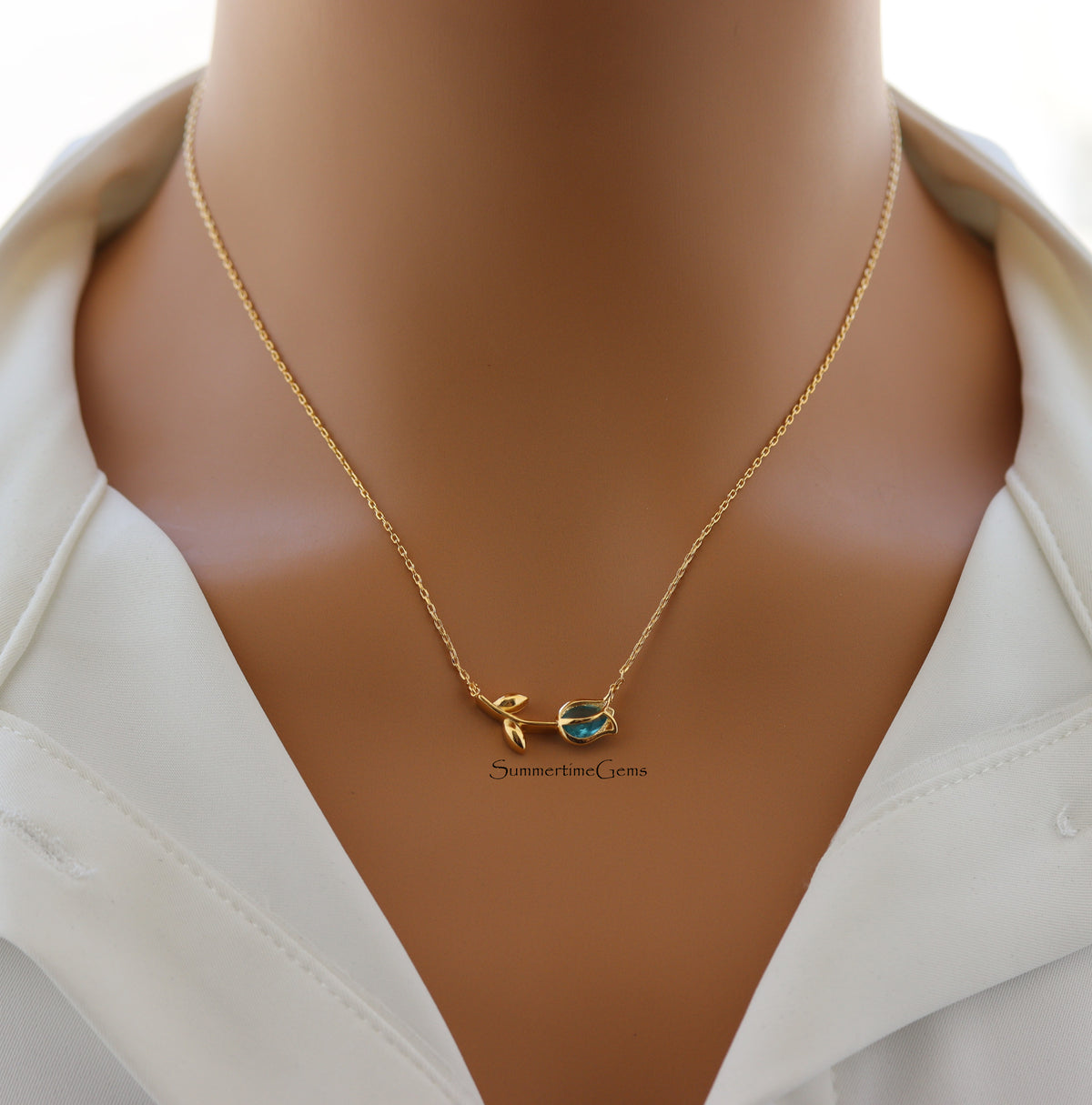 STG 18K Gold Plated March Aquamarine Birthstone Tulip Pendant Necklace – Elegant Jewelry Gift for March Birthdays