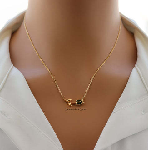 STG 18K Gold Plated May Emerald Birthstone Tulip Pendant Necklace – Elegant Floral Jewelry Gift for May Birthdays