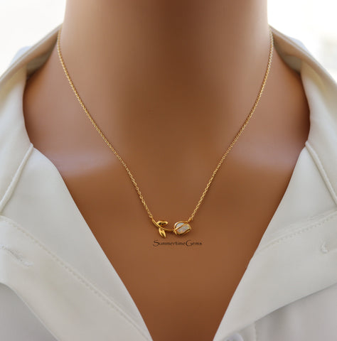 STG 18K Gold Plated October Opal Birthstone Tulip Pendant Necklace – Dainty Jewelry Gift for October Birthdays