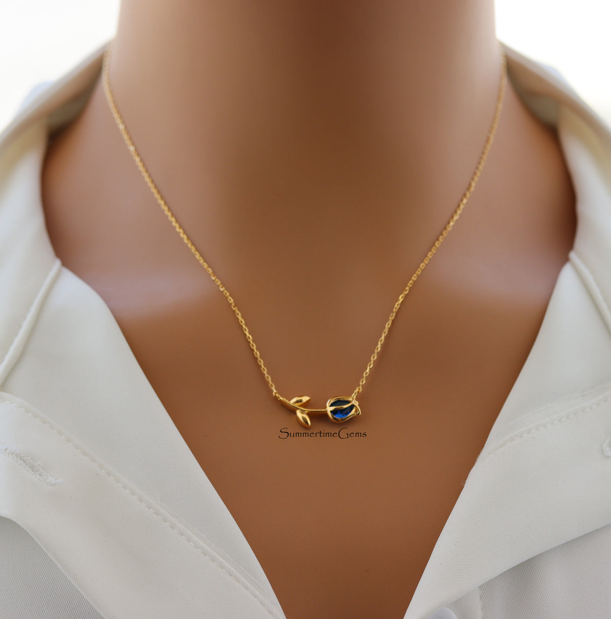 STG 18K Gold Plated September Sapphire Birthstone Tulip Pendant Necklace – Elegant Jewelry Gift for September Birthdays