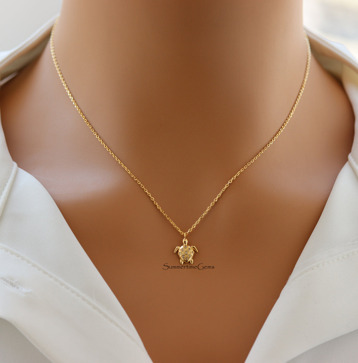 STG 18K Gold Plated CZ Studded Turtle Pendant Necklace for Women – Sparkling Sea Life Jewelry Gift