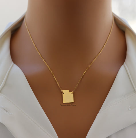STG 18K Gold Plated Dainty Brushed Utah State Pendant Necklace – Minimalist State Pride Jewelry for Everyday Wear