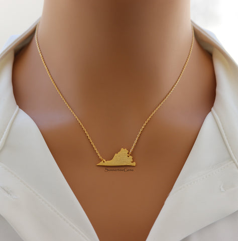 STG 18K Gold Plated Dainty Brushed Virginia State Pendant Necklace – Minimalist State Pride Jewelry for Everyday Wear