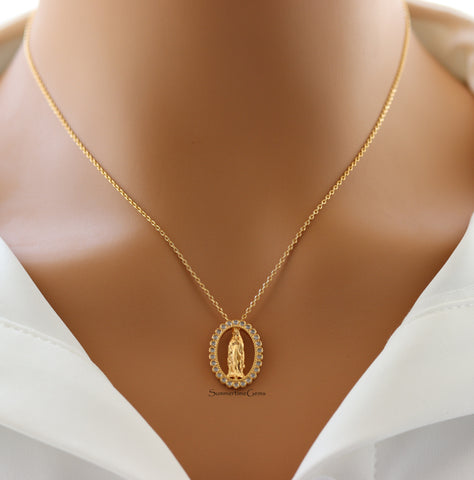 STG 18K Gold Plated Dainty Virgin Mary Statue Pendant Necklace – Elegant Catholic Jewelry for Faith, Grace & Protection