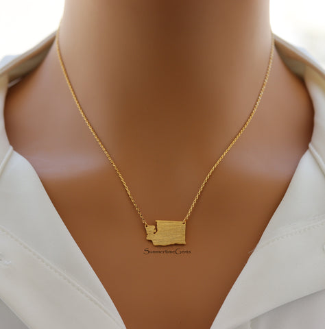 STG 18K Gold Plated Dainty Brushed Washington State Pendant Necklace – Minimalist State Pride Jewelry