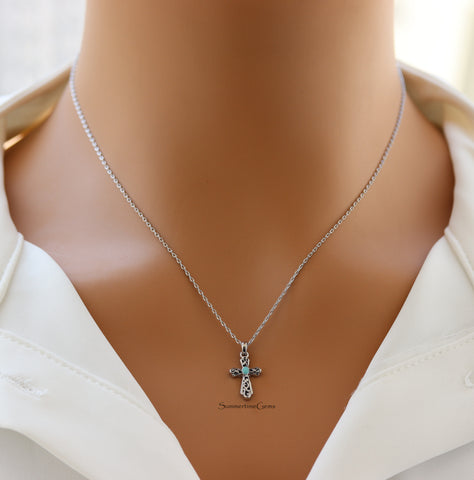 STG 14K Gold Plated Opal Western Cross Pendant Necklace – Faith-Inspired Cowgirl Jewelry with Southwestern Charm