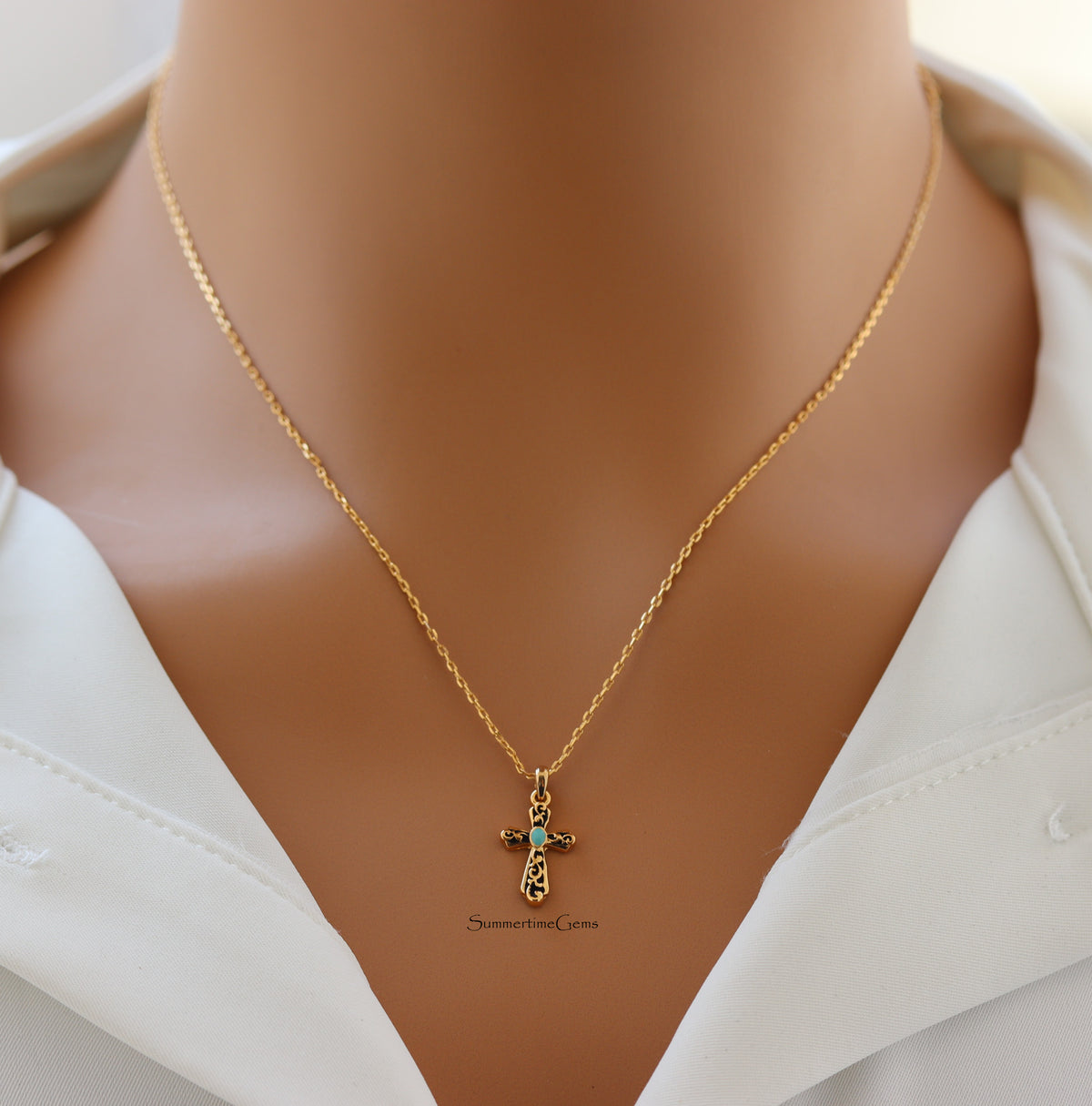 STG 14K Gold Plated Opal Western Cross Pendant Necklace – Faith-Inspired Cowgirl Jewelry with Southwestern Charm