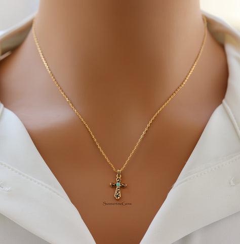 STG 14K Gold Plated Opal Western Cross Pendant Necklace – Faith-Inspired Cowgirl Jewelry with Southwestern Charm