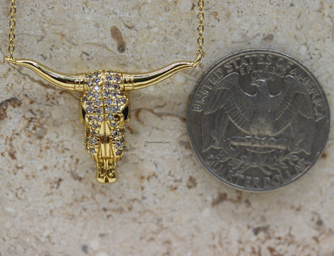 STG 18K Gold Plated CZ Pave Bull Head Pendant Necklace – Western Glam Statement Jewelry
