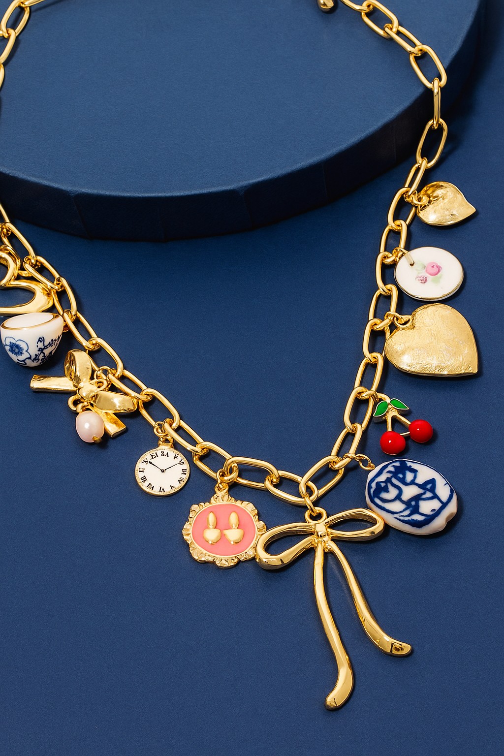 STG Whimsical Floral Heart & Bow Charm Necklace – Vintage-Inspired Aesthetic Jewelry with Cherry, Pearl & Tea Time Charms