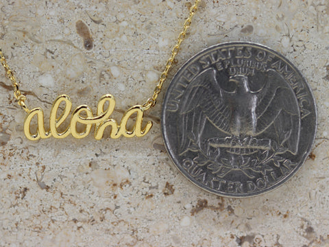 STG 18K Gold Plated Dainty Handwritten “Aloha” Necklace – Hawaiian-Inspired Minimalist Jewelry