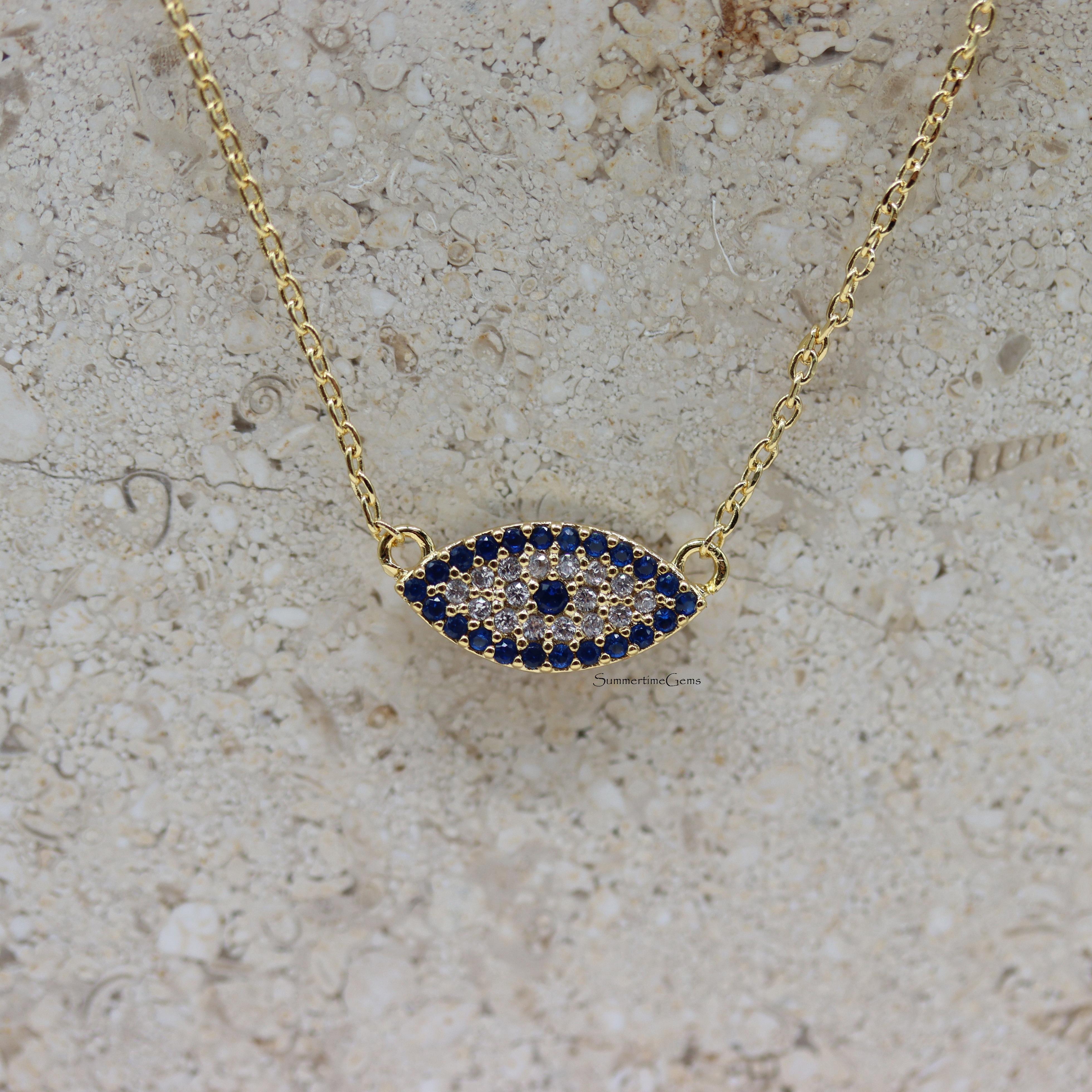STG 18K Gold Plated Rhinestones Evil Eye Pendant Necklace – Protective & Sparkly Jewelry for Positive Energy