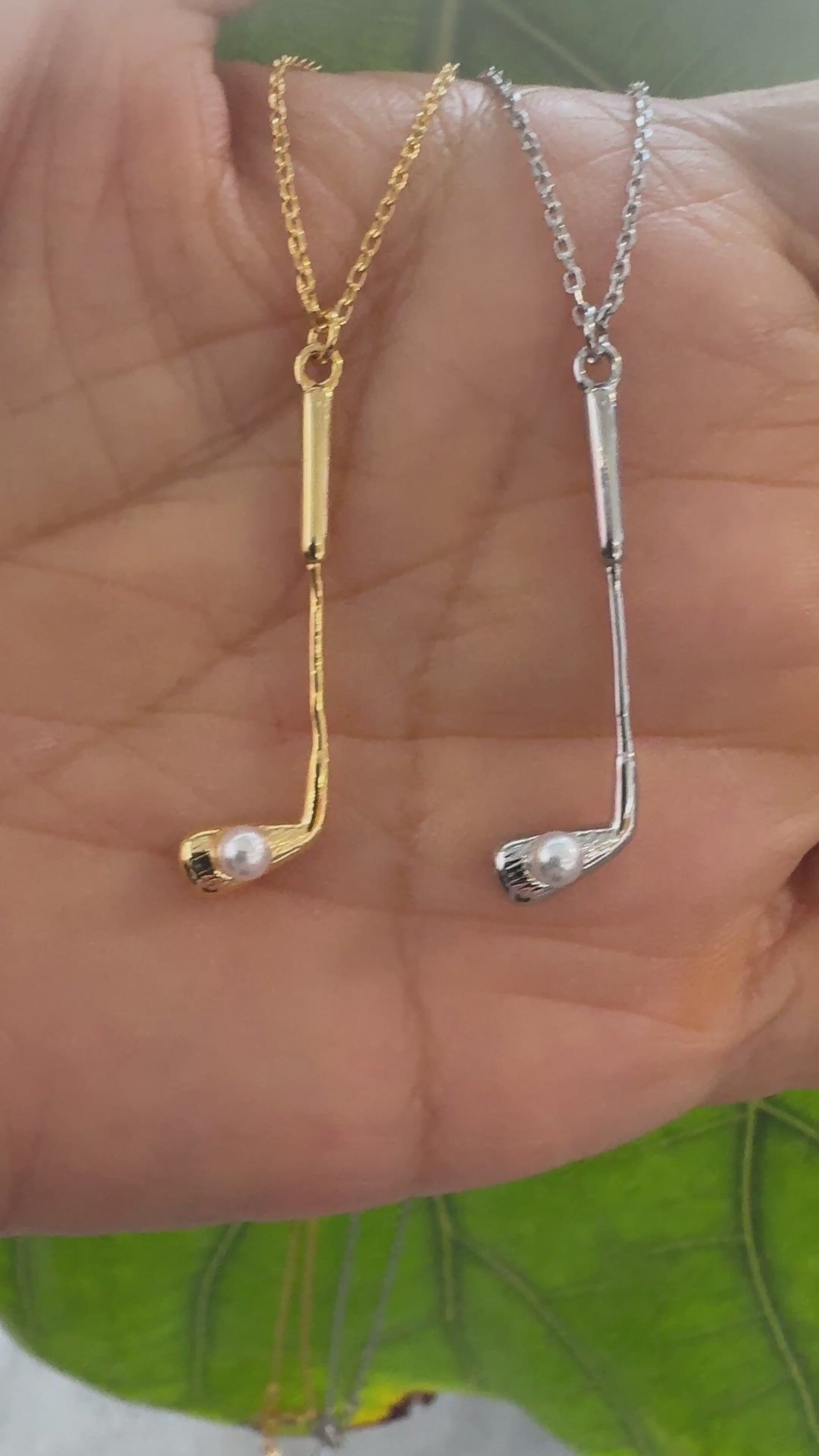 STG 18K Gold Plated Golf Club with Pearl Pendant Necklace – Elegant Sports-Inspired Jewelry for Golf Lovers