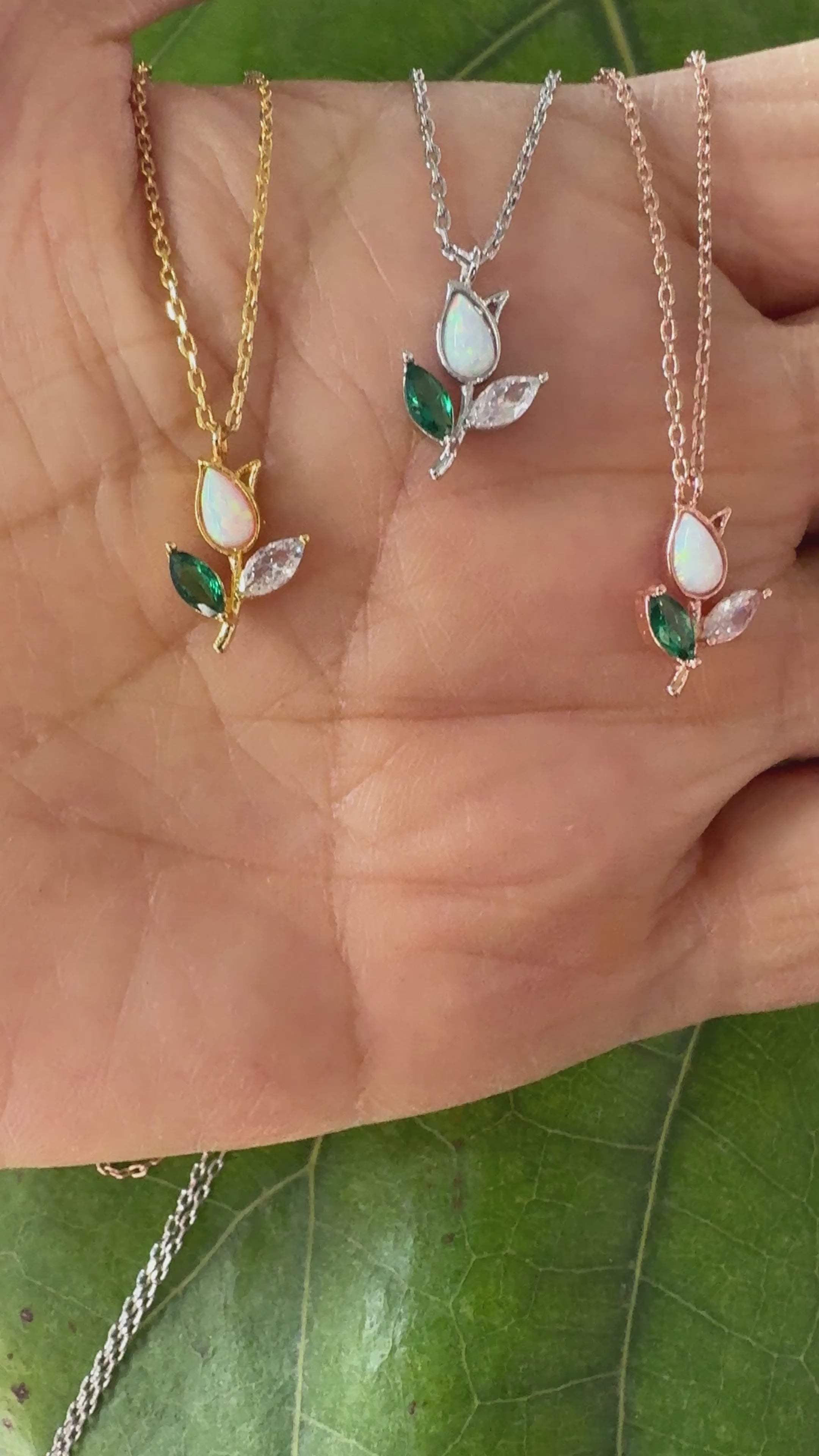 STG 18K Gold Plated Dainty Small Opal Mixed Gem Tulip Crystal Leaf Pendant Necklace – Elegant Nature-Inspired Jewelry for Everyday Glow