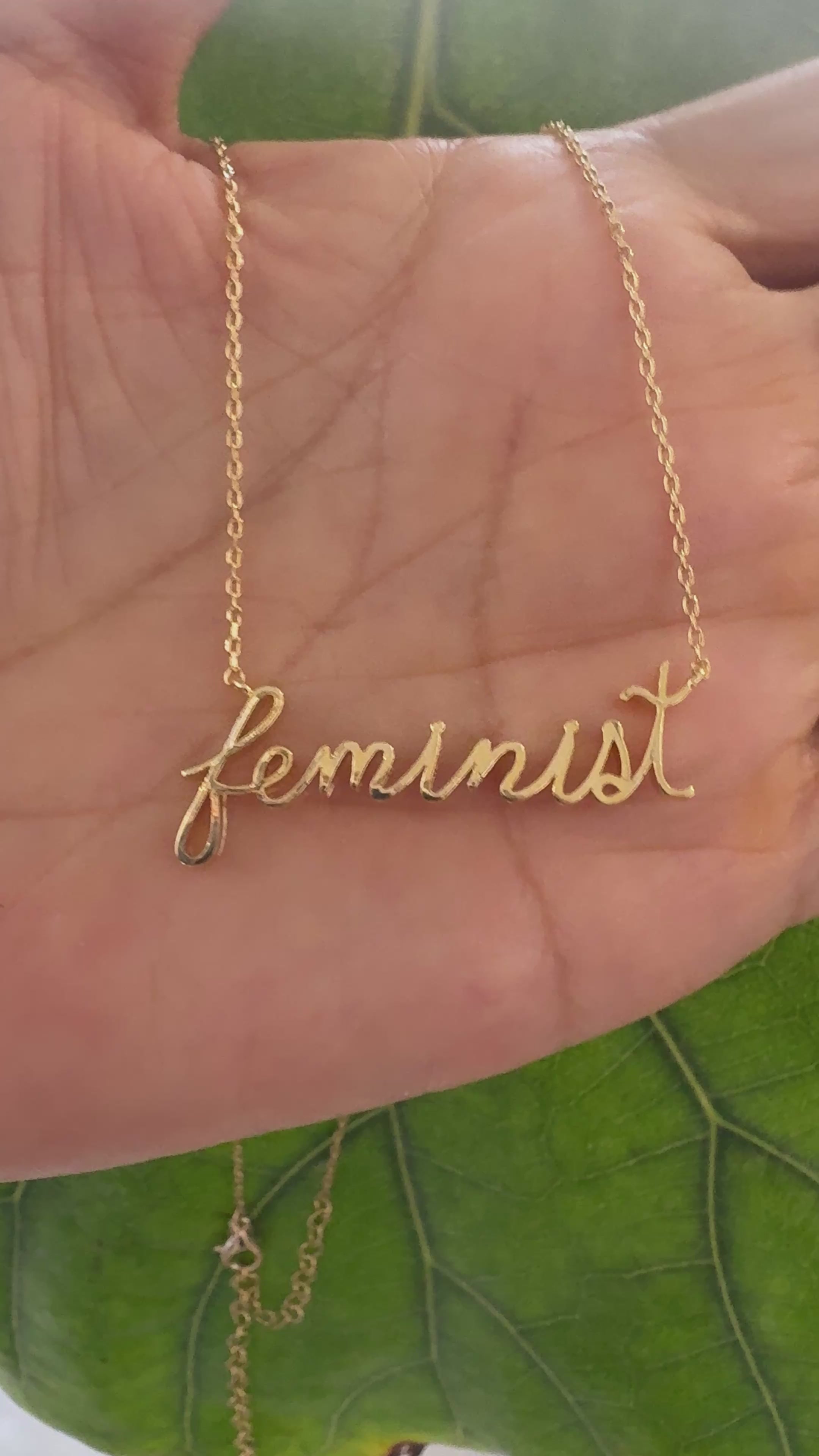 STG 18K Gold Plated Handwritten “Feminist” Pendant Necklace for Women – Empowerment Jewelry, Dainty Gift for Her