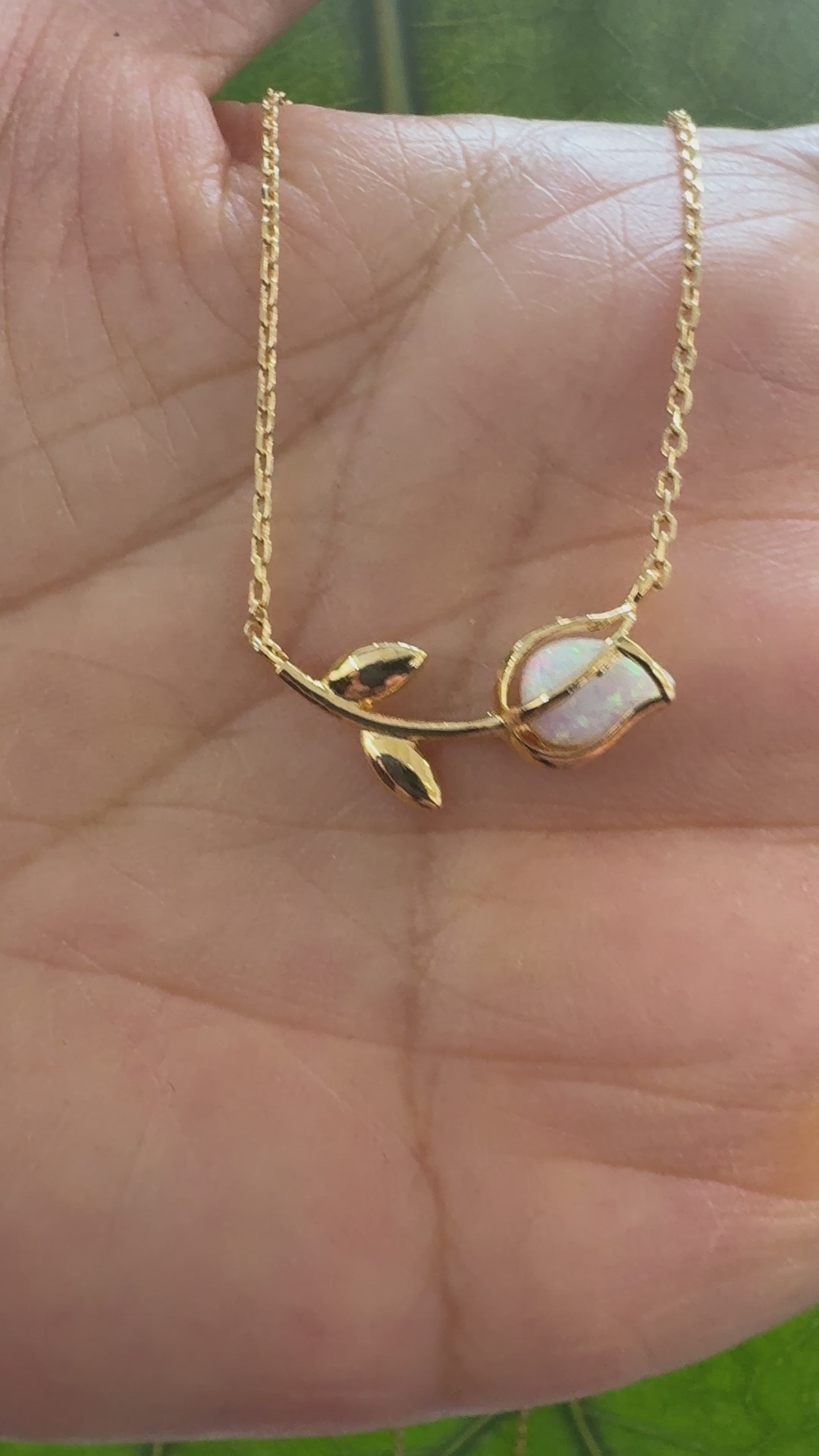 STG 18K Gold Plated October Opal Birthstone Tulip Pendant Necklace – Dainty Jewelry Gift for October Birthdays