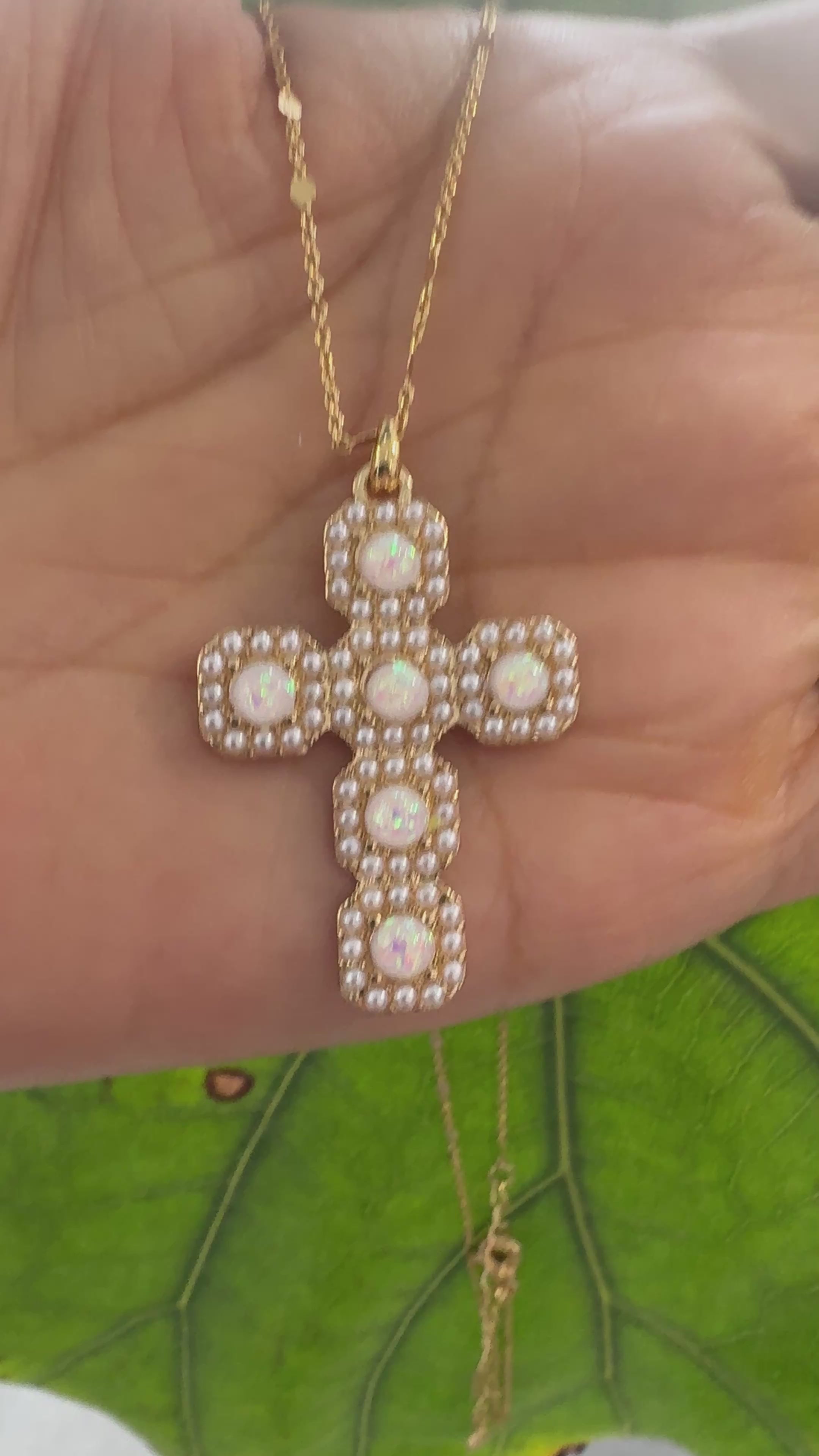 STG 14K Gold Plated Opal and Pearl Cross Pendant Necklace – Elegant Faith Jewelry with Iridescent Glow