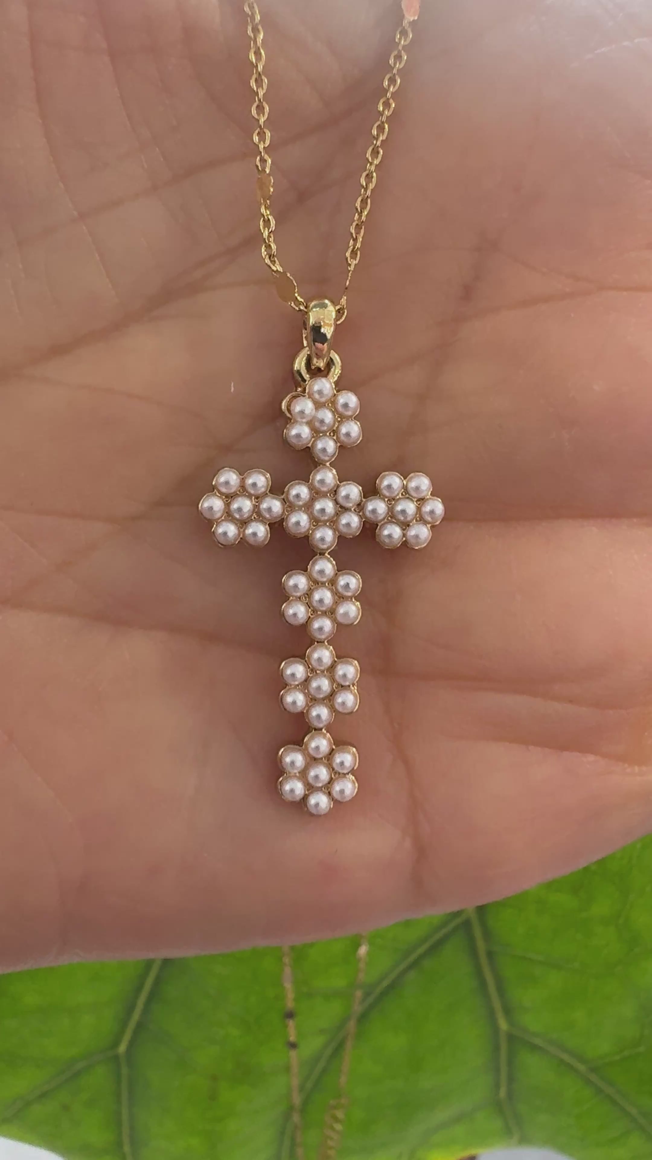 STG 14K Gold Plated Pearl Cross Pendant Necklace – Elegant Faith-Inspired Jewelry with Freshwater Pearl Accent