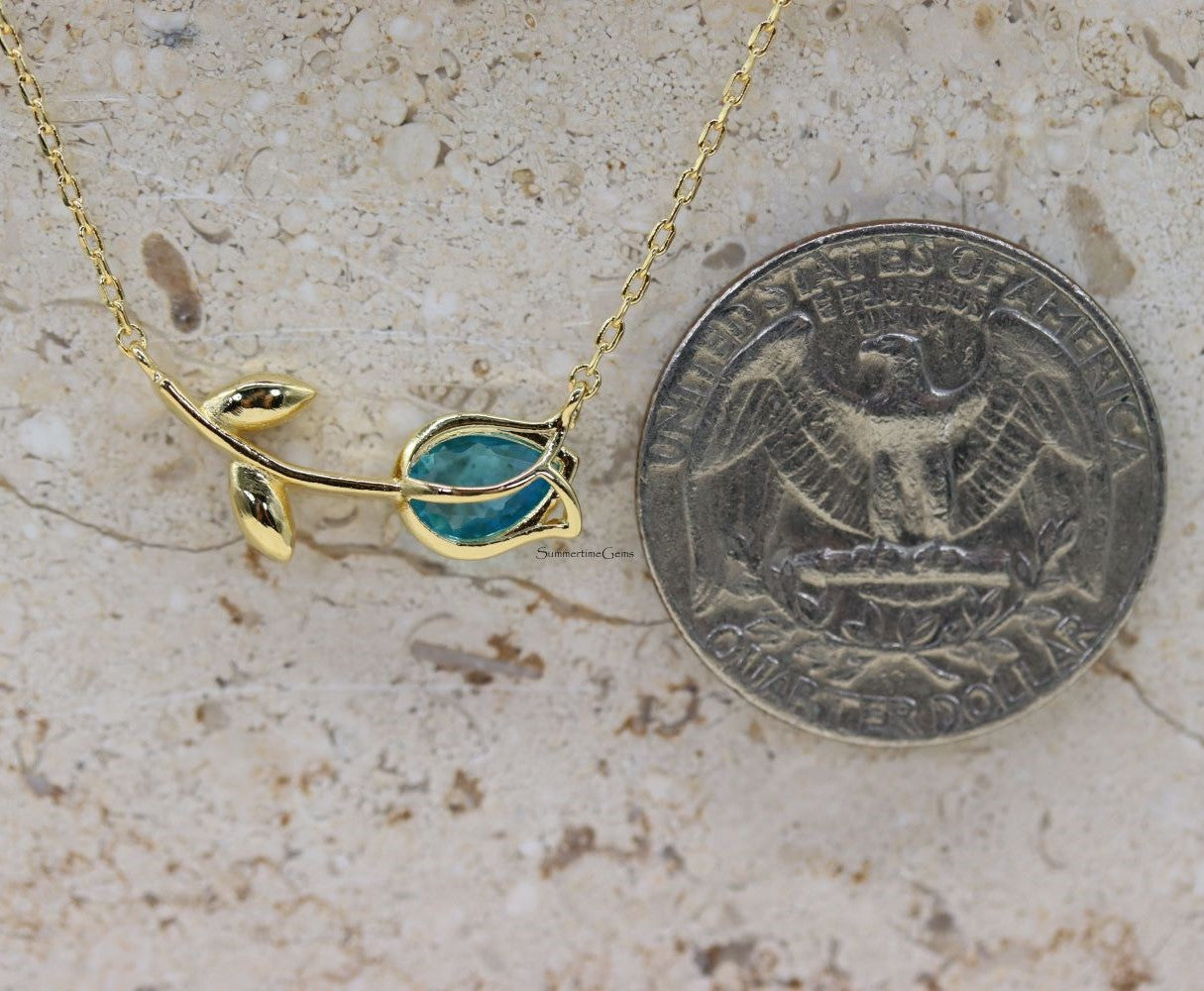 STG 18K Gold Plated March Aquamarine Birthstone Tulip Pendant Necklace – Elegant Jewelry Gift for March Birthdays