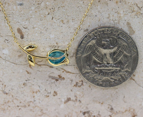 STG 18K Gold Plated March Aquamarine Birthstone Tulip Pendant Necklace – Elegant Jewelry Gift for March Birthdays
