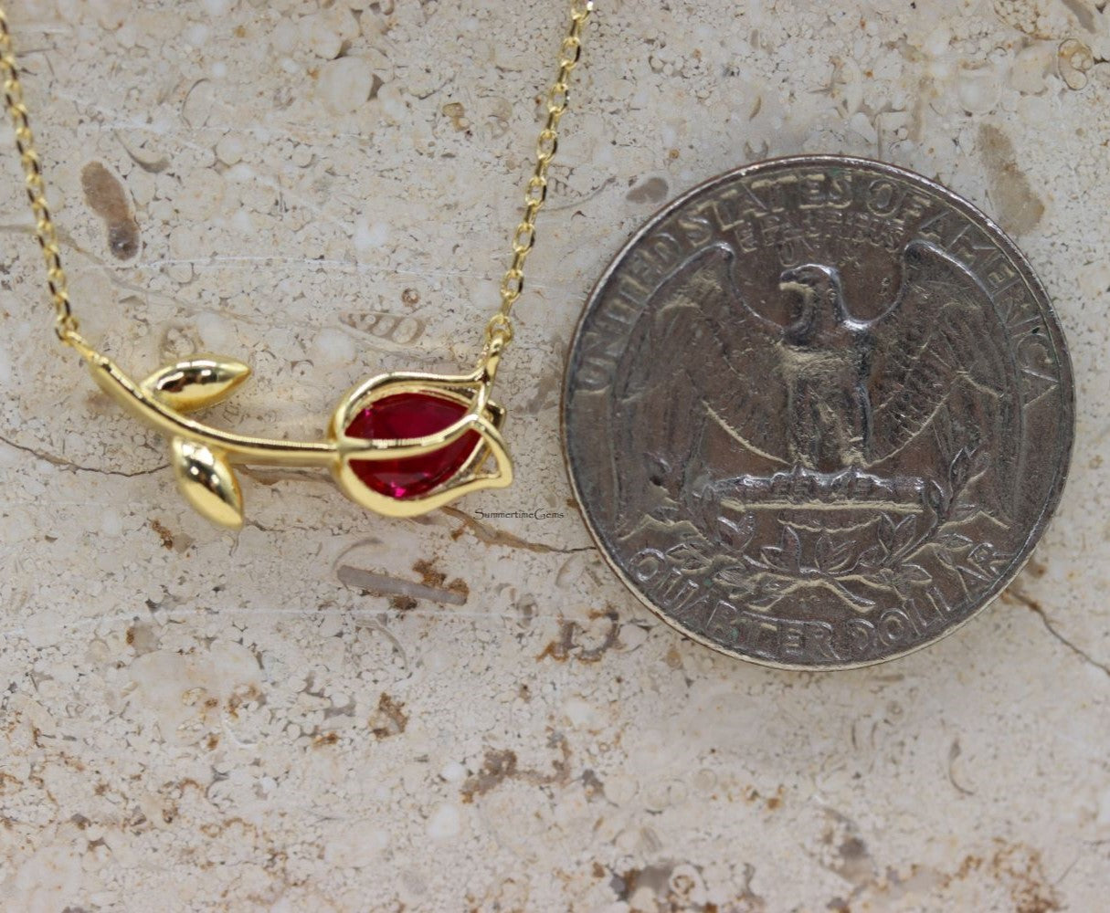 STG 18K Gold Plated July Ruby Birthstone Tulip Pendant Necklace – Elegant Summer Jewelry Gift for July Birthdays