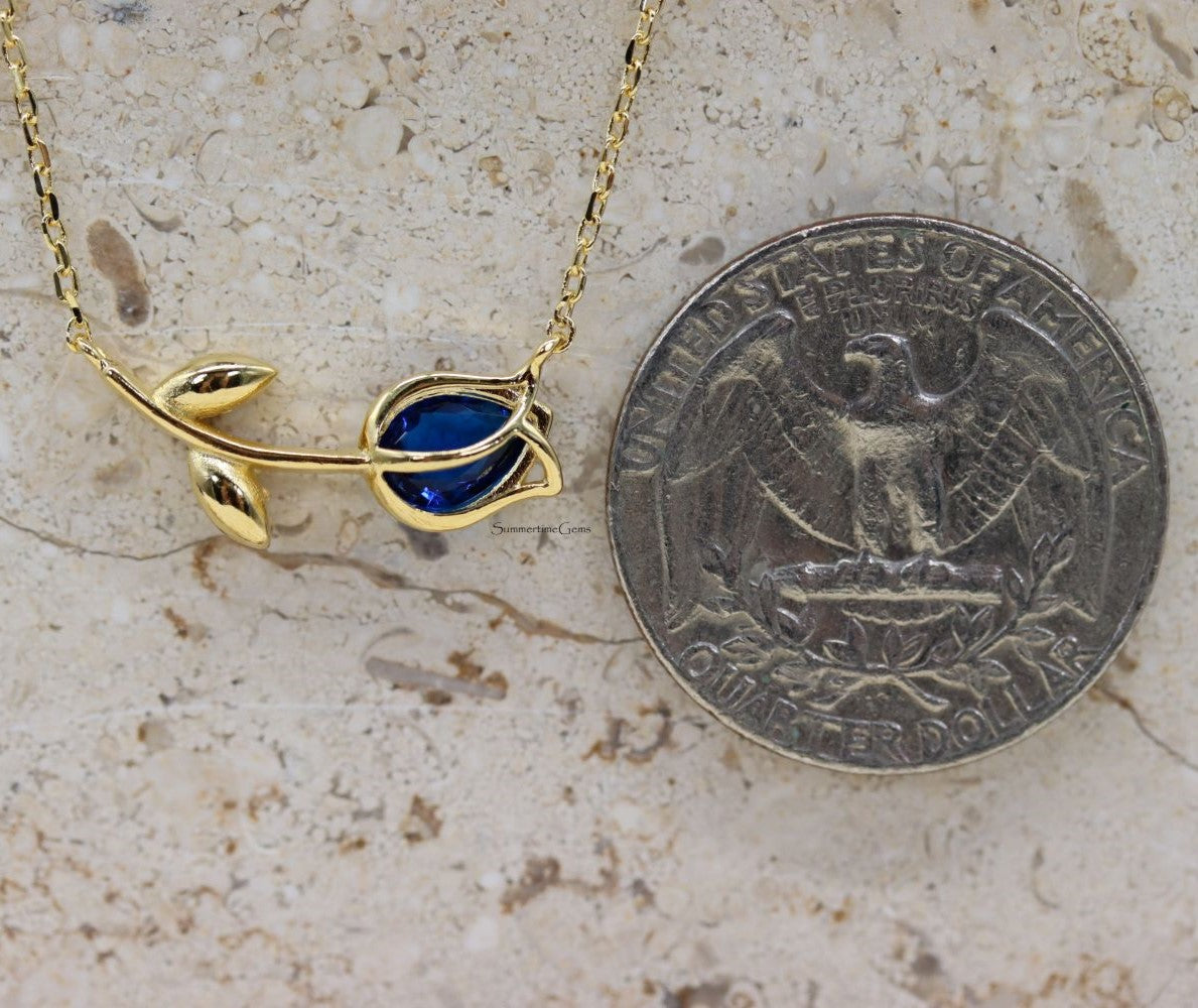 STG 18K Gold Plated September Sapphire Birthstone Tulip Pendant Necklace – Elegant Jewelry Gift for September Birthdays