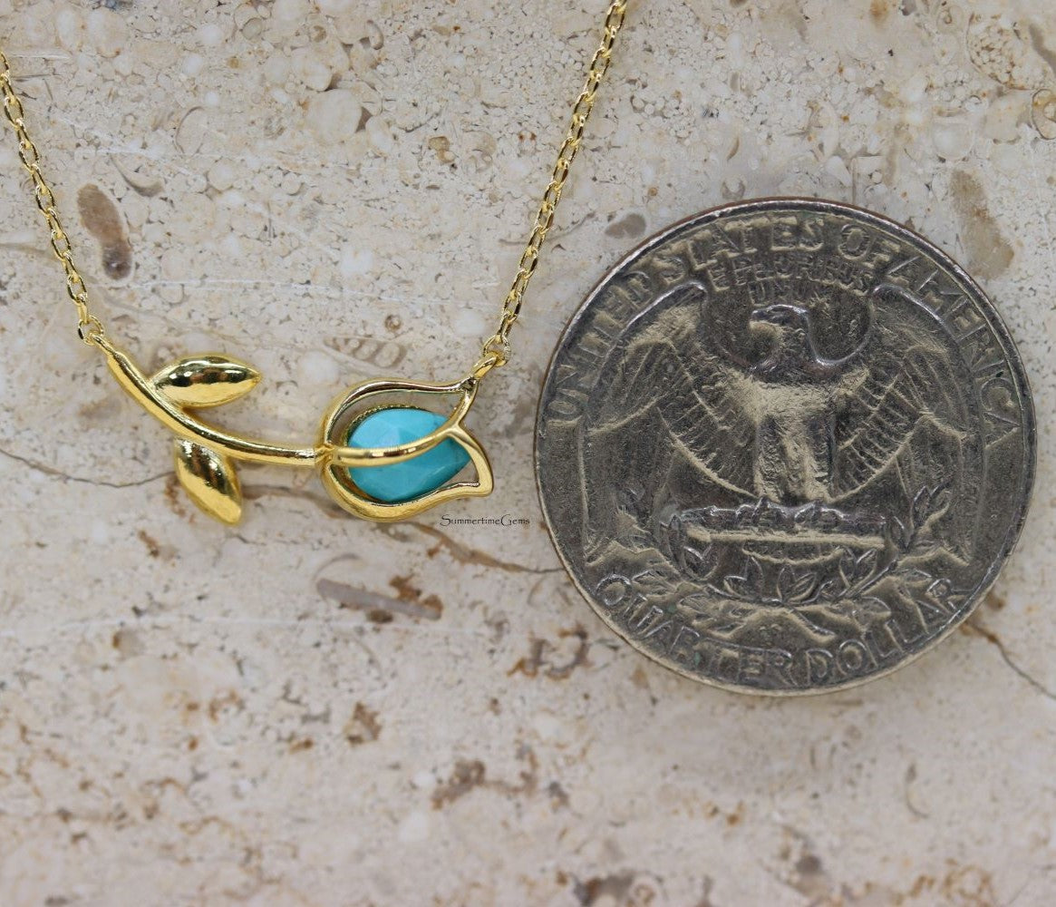 STG 18K Gold Plated December Turquoise Birthstone Tulip Pendant Necklace – Elegant Jewelry Gift for December Birthdays